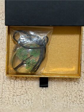Aphrodite Green Tree of Life Glass Pendant on Black Cord